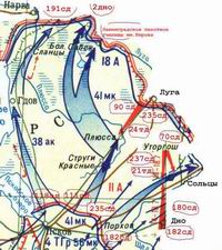 схема сражений на дальних подступах к Ленинграду летом 1941 г. Фрагмент.
